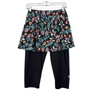 DONA JO Skirted Capri Leggings Black Floral | Size 2 / Large | Golf Pickleball